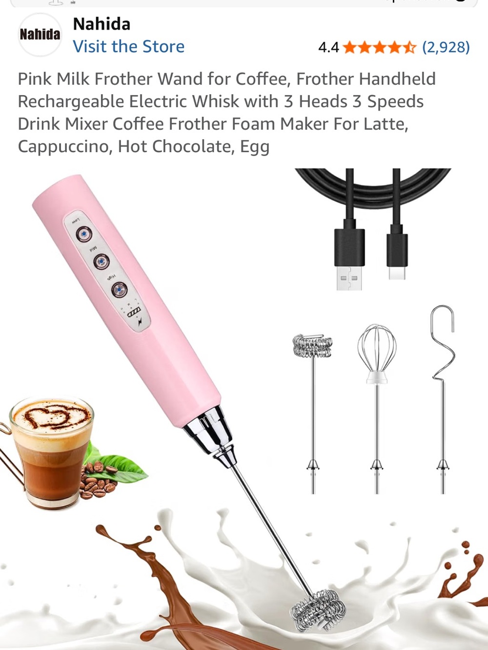 Pink Rechargeable Handheld Milk Frother - 3 Speeds, 3 Whisks